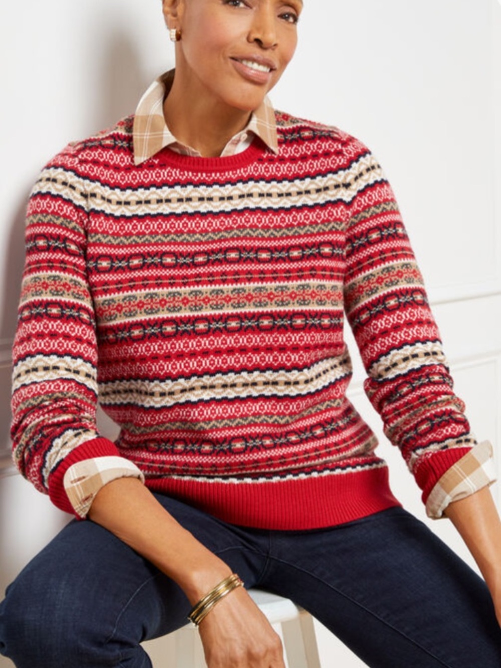 Talbots Women Petite Sz P Winter Holiday Colorful Fair Isle Crewneck Sweater NWT